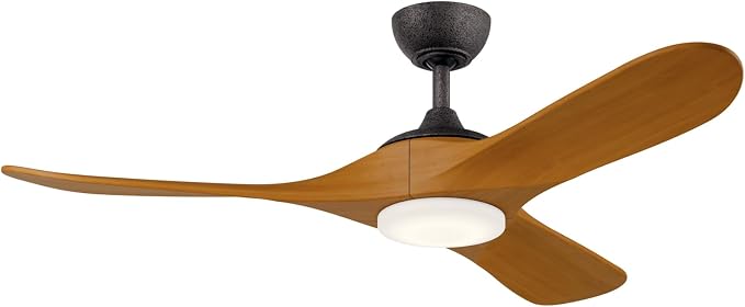 KICHLER Mylo 52 in Modern Ceiling Fan with Light and Remote, 6-Speed Damp Rated Indoor Outdoor Fan with Honey Maple Wood Blades and Satin Etched Opal Glass in Anvil Iron, 310552AVI