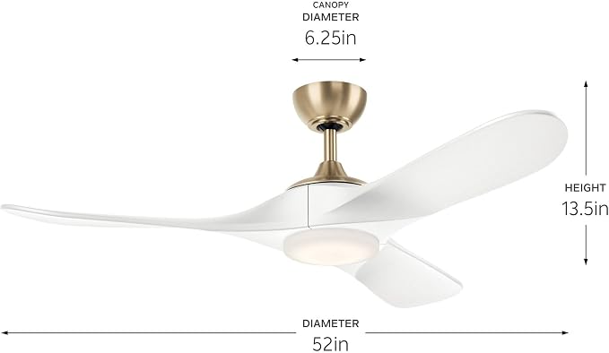 Kichler Mylo 52 in Ceiling Fan with Light, 6-Speed Remote Control Modern Fan with Satin Etched Cased Opal Glass in Champagne Bronze with Matte White Wood Blades, 310552CPZMWH