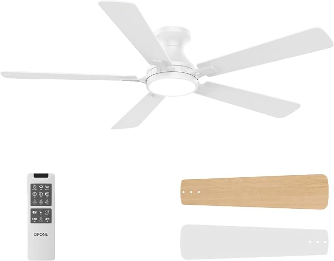 OPONL Ceiling Fan with Light, 52 inch Low Profile Ceiling fan with Light and Remote Control, Reversible, 6CCT, Dimmable, Noiseless, White Ceiling Fan for Bedroom, Indoor/Outdoor Use, Modern
