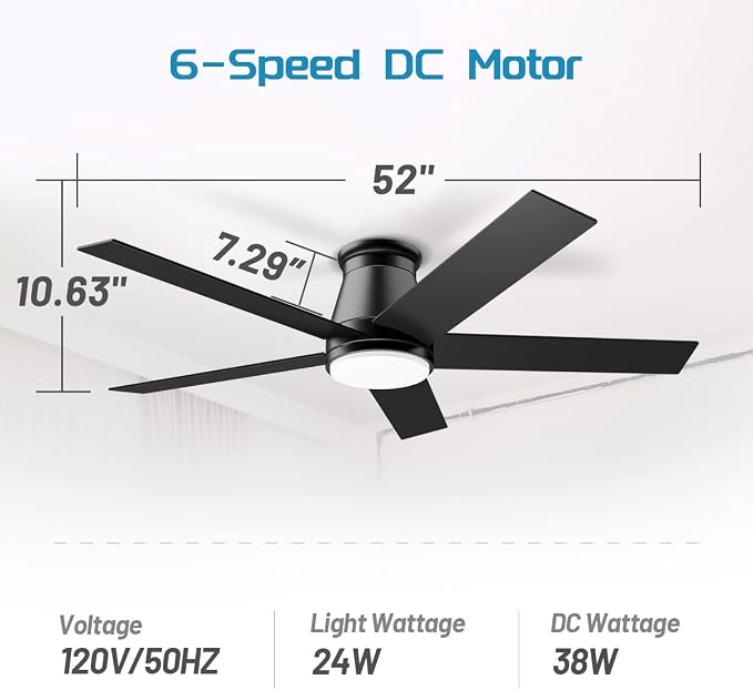 wurzee 52" Flush Mount Low Profile Ceiling Fan, Black, 6 Speeds DC Reversible Motor, Timing, Dimmable for Indoor, Patio, Porch, Garage, Shop, Factory, Warehouse