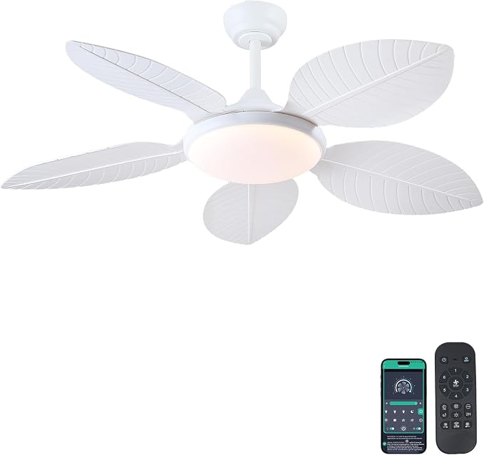 Wiviniya 48 Inch Tropical Ceiling Fans with Lights, Palm Leaf Outdoor Ceiling Fan with Light for Patios Porch Bedroom Living Room, Remote/APP Control, Reversible Quiet DC Motor, Dimmable LED, White