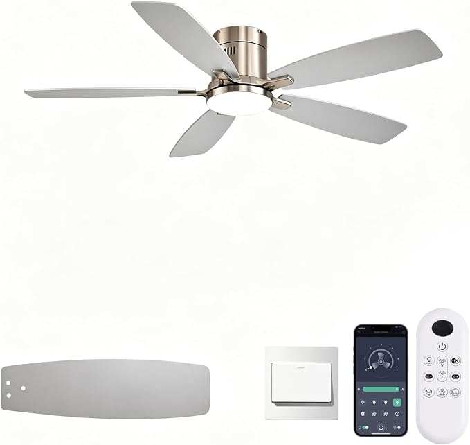 FUMLTP 52 inch Ceiling Fans with Lights, Flush Mount Ceiling Fan with Light and Remote/APP Control, DC Motor, Dimmable LED, Noiseless, Low Profile Ceiling Fan for Bedroom Indoor/Outdoor Use (Nickel