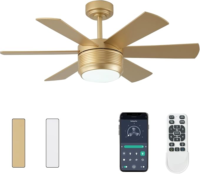 SHOWDI Gold Ceiling Fans with Lights and Remote, Easy Installation, 42 in | 2 Blade Color, Metal Material, App Remote Control, Timer, Reversible, 3CCT, Dimmable for Bedroom, Living room, Indoor