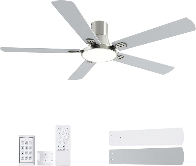 SNJ 60 Inch Brushed Nickel Ceiling Fans with Lights and Remote,Flush Mount Low Profile 5 Blades Ceiling Fan,Dimmable Quiet Reversible DC Motor for,Living Room,Bedroom and Patio