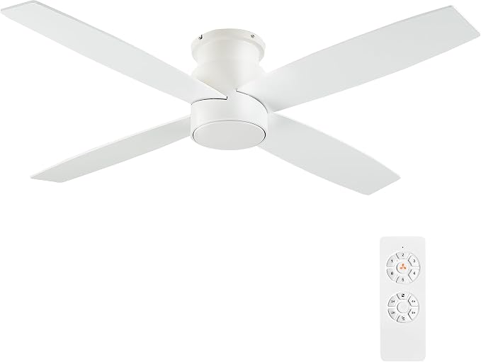 WINGBO 52" Flush Mount DC Ceiling Fan without Lights, 4 Reversible Blades, Ultra Quiet 6-Speed DC Motor, Hugger Low Profile Indoor Ceiling Fan No Lights, White Finish