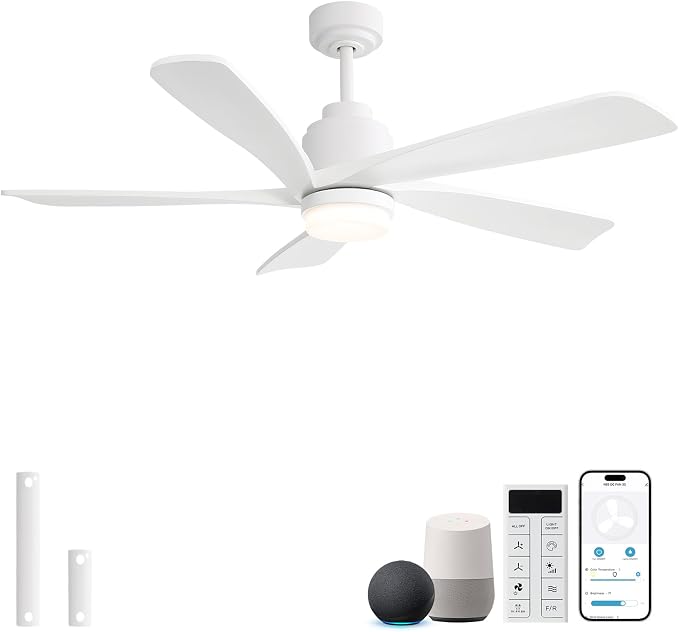 Sofucor Smart Ceiling Fan with Lights and Remote, 52 Inch Modern White Wood Ceiling Fan for Indoor Farmhouse Bedroom Living Room Outdoor Patio Porch, Compatible with Alexa/APP/Google Assistant
