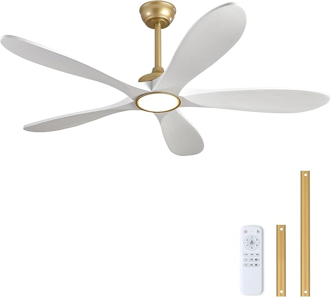 52 Inch White and Gold Ceiling Fans with Lights and Remote Control, Modern 3 Blade Wood Ceiling Fan, Small Indoor Ceiling Fan with Light for Living Room, Quiet DC Motor, Dimmable LED Light