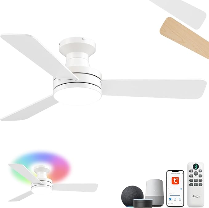 42" RGB Ceiling Fan with Light, Music Sync Smart Fan Works with Alexa/Google Assistant/App Control, Low Profile Flush Mount, 6-Speed Quiet DC Motor, 4 CCT Dimmable Lighting for Bedroom Living Room