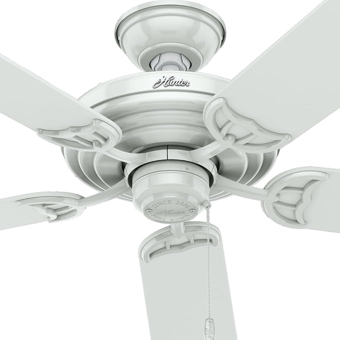 Hunter 52 inch Outdoor or Indoor Ceiling Fan No Light - White Ceiling Fan without Light, For Patio, Porch, Garage, or Living Room, Standard Mount, 5 Blades, Pull Chain - Sea Air 53054, White | Standard Mount, Pull Chain, 5 Blades, For Living Room, Pati...