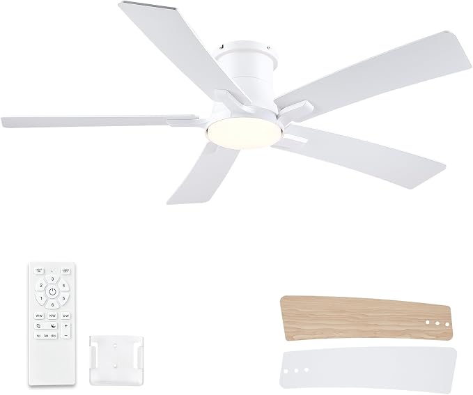 52 Inch White Flush Mount Ceiling Fans with Lights and Remote | 3CCT Dimmable LED, 6 Speed, Quiet DC Motor, 3-Level Timer Function, Forward/Reserve For all Seasons, Indoor/Covered Outdoor