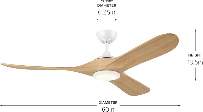 KICHLER Mylo 60" Ceiling Fan with Satin Etch Cased Opal Glass in Matte White with White Maple Wood Blades, Modern, 6-Speed Remote Control, 310560MWH
