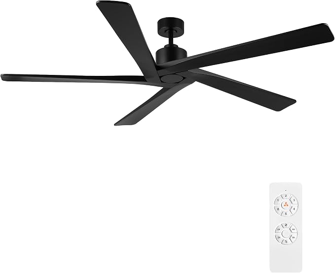 WINGBO 64 Inch DC Ceiling Fan without Lights, 5 Reversible Carved Solid Wood Blades, 6-Speed Noiseless DC Motor, Ceiling Fan No Light with Remote, Indoor Ceiling Fans in Matte Black Finish, ETL Listed