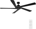 WINGBO 64 Inch DC Ceiling Fan without Lights, 5 Reversible Carved Solid Wood Blades, 6-Speed Noiseless DC Motor, Ceiling Fan No Light with Remote, Indoor Ceiling Fans in Matte Black Finish, ETL Listed
