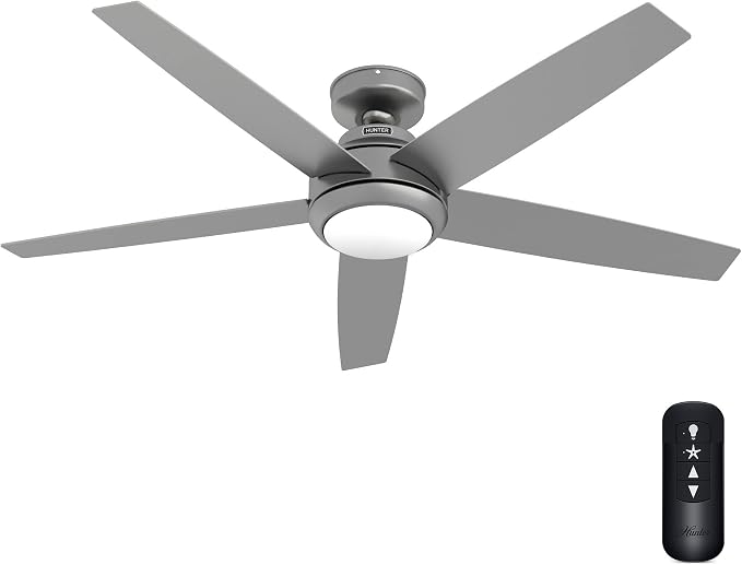 Hunter Zayden, Indoor, Ceiling Fan, Standard Mount, 52 inch, Matte Silver | with LED Light and Remote Control, Quiet, 5 Blades, For Bedroom, Living Room, Kitchen, 51696