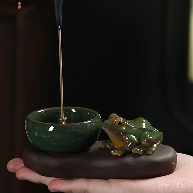 Frog Incense Holder, Ceramic Incense Cone Holder & Incense Holder for Sticks, Handmade Cone Incense Burner, Frog Figurine,Funny Frogs Ornament, Aromatherapy, Yoga & Meditation Zen Decor (Style B)