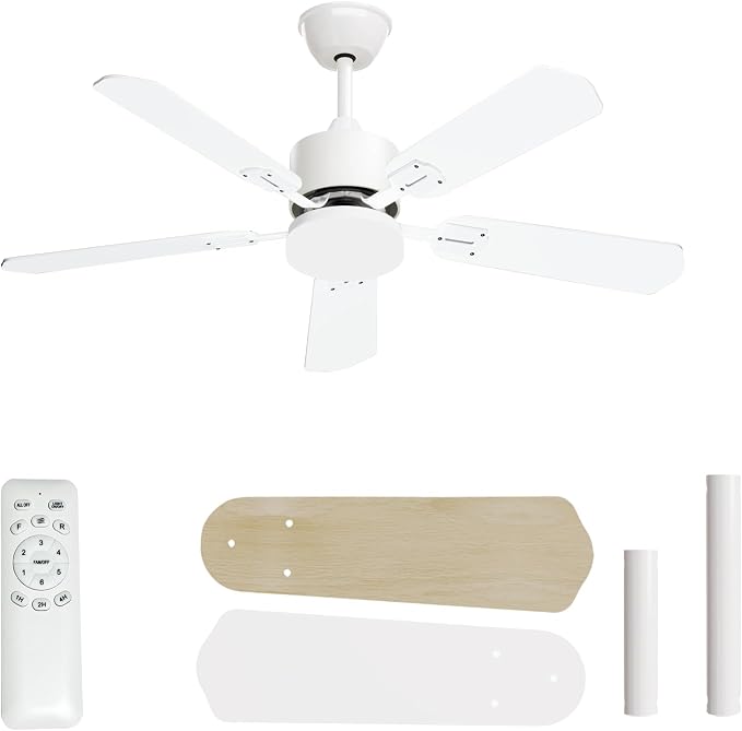 Ceiling Fans with Lights, 42 Inch Low Profile Ceiling Fan and Remote Control, Dual-Sided Blades, 6 Speed Fan, Dimmable Light Flush Mount Ceiling Fan for Bedroom Living Room, White