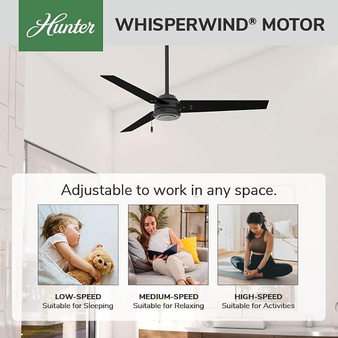 Hunter Cassius, Outdoor or Indoor, Ceiling Fan, 52 inch, Matte Black | No Light, Standard Mount, Pull Chain, 3 Blades, For Living Room, Patio, Porch, Garage, 59264