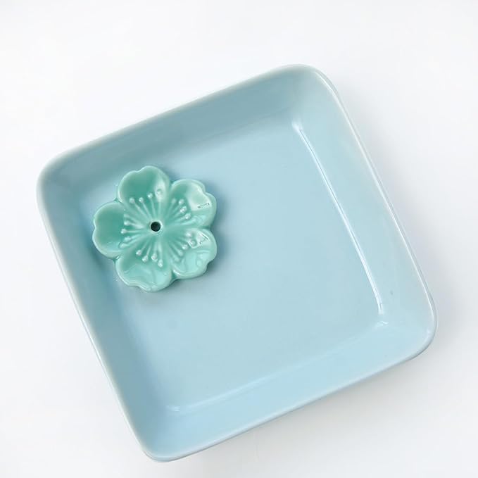 Japanese Ceramic Handmade Cute Cherry Blossom Incense Stick Holder or Incense Burner Holder, Simply Unique Ash Catcher Inscent Tray and Decorative Gift, Home Decor 4.49 inches, Square Blue