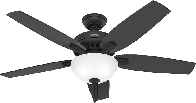 Hunter 52 inch Indoor Ceiling Fan with LED Light - Black Ceiling Fan with Pull Chain, for Bedroom or Living Room, Standard Mount, No Remote, 5 Blades, Includes Bulbs - Newsome 52395, Matte Black | Standard Mount, Pull Chain, 5 Blades, For Bedroom, Livi...