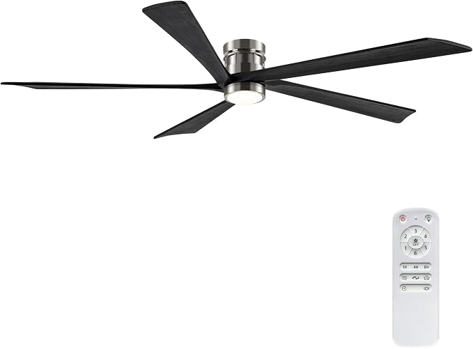 EKIZNSN 84 Inch Brushed Nickel Flush Mount Ceiling Fans with Lights for Patios, 110V Noiseless Reversible DC Motor, 6-Gear Speed (Nickel Finish with Black Blades)