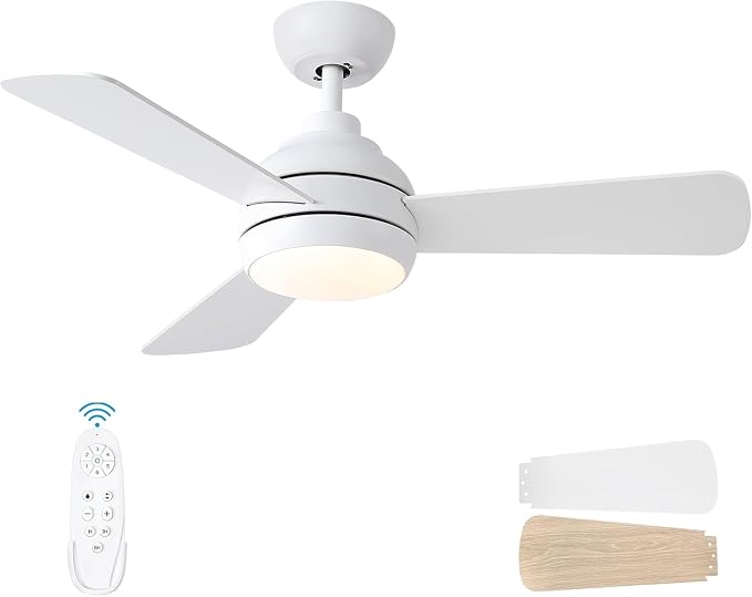 42 Inch Downrod Ceiling Fan with Light, 3 Wood Blades, White | Remote Control,Reversible Quiet DC Motor,Wood Blades,6-Speed,3CCT Dimmable LED for Bedroom,Living Room