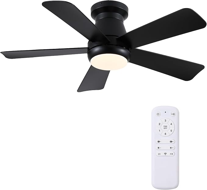 Hounberi 40 Inch Modern Low Profile Ceiling Fan with Light and Remote Control, Quiet 3CCT Dimmable LED Flush Mount Fan for Bedroom Living Room, 5 ABS Blades Reversible Motor, Black