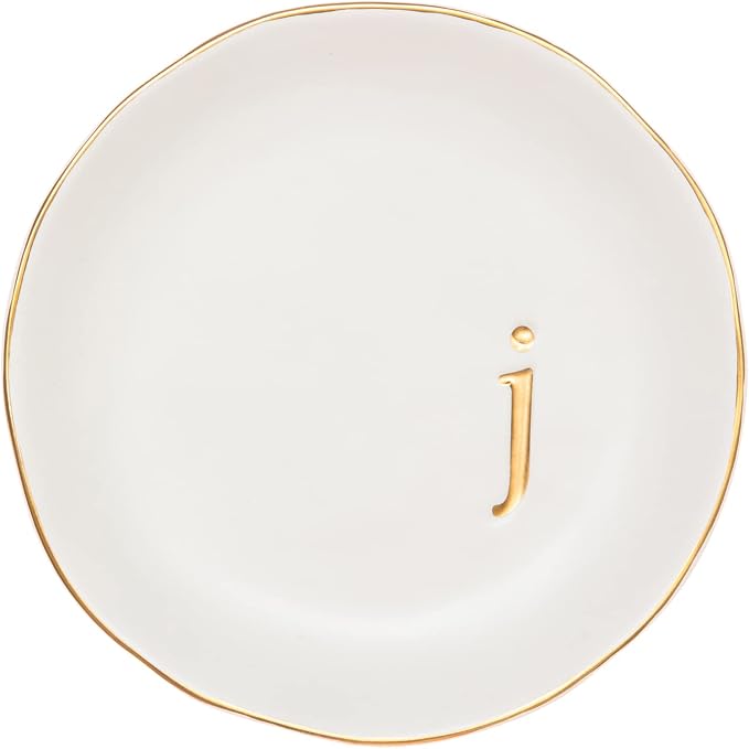 COLLECTIVE HOME Ceramic Jewelry Tray, Trinket Dish, Gifts for Women (J) | Mother's Day, Birthday, Christmas, Engagement Gifts, Vanity, Nightstand Decor, Embossed Gold Monogram Ring Dish with Gift Box
