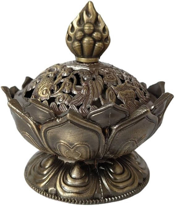 Lotus Flower Cone Incense Burner, Classic Metal Mini Vintage Charcoal Incenses Burner Holder for Stick (Bronze)