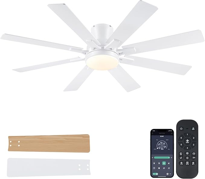 Mpayel Ceiling Fans with Lights, 52 Inch Low Profile Flush Mount Ceiling Fan, Modern White Ceiling Fan with Light for Bedroom Living Room, Remote/APP Control, Quiet DC Motor, Dimmable, 8 Wood Blades