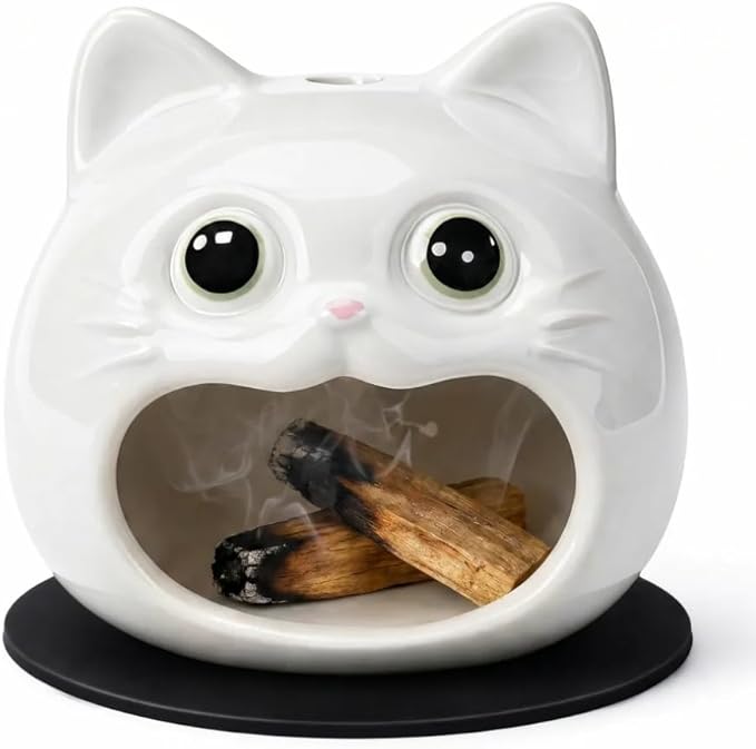 Cute Palo Santo Holder, Cat-Shape Ceramic Palo Santo Burner with Heat-Resistant Mat for Meditation and Energy Cleansing, Smudge Bowl for Wood Sticks, Sage and Incense Cones, Home Decor Gift