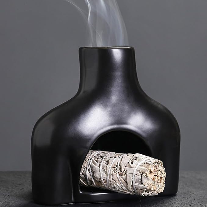 Palo Santo Holder Ceramic Incense Holder for Burning Palo Santo Sticks and Sage Sticks, Creative Palo Santo Burner for Spiritual Meditation & Yoga, Sage Holder for Tabletop Art Decorative (Black)