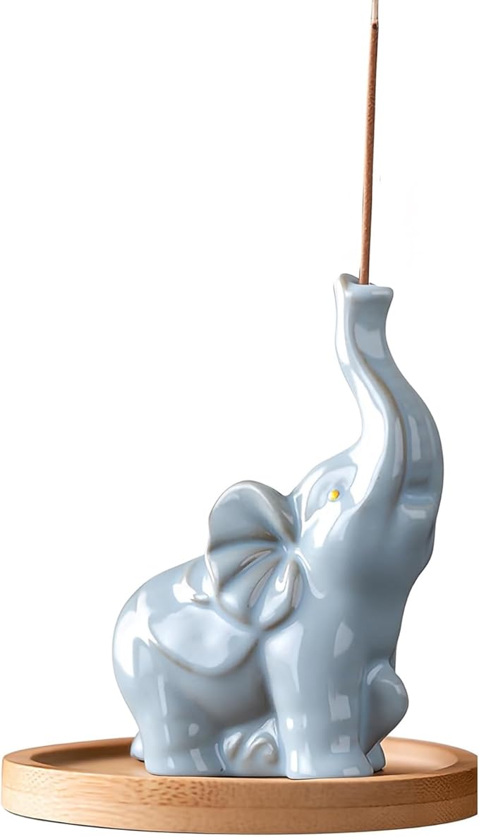 Cute Elephant Incense Holder for Sticks - ZKSYLSM Ceramic Incense Burner with Bamboo Ash Catcher, 3.5" Meditation Decor