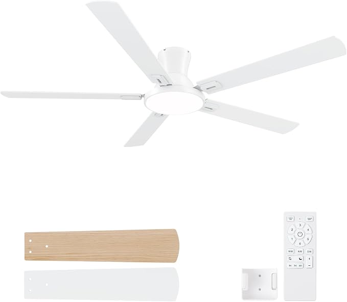 60 Inch White Ceiling Fans with Lights and Remote, Flush Mount Low Profile 6 Blades Ceiling Fan with 10 Inch Lighting Fixture, Quiet Reversible DC Motor for Living Room, Bedroom and Patio
