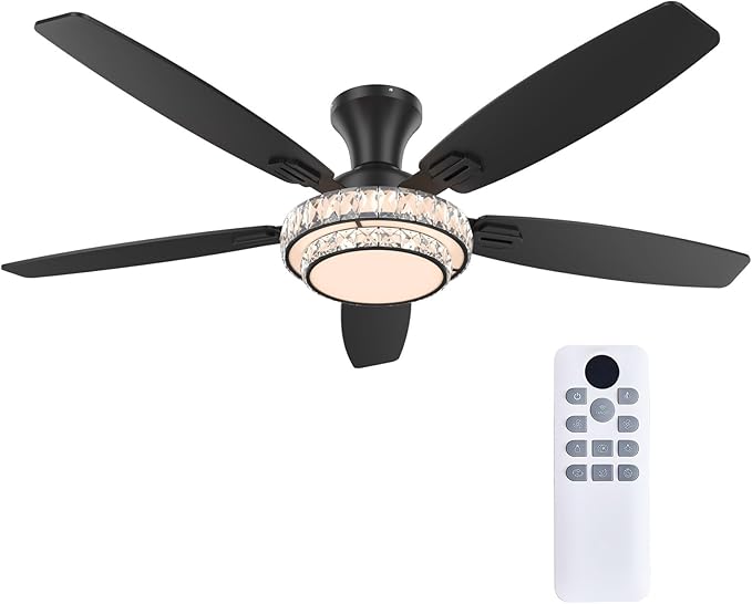 Ceiling Fans with Lights - Crystal Ceiling Fan, 52" Low Profile and Remote Control, Flush Mount, Reversible, 3CCT, Dimmable, Noiseless, Black Ceiling Fan for Bedroom