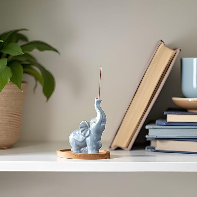 Cute Elephant Incense Holder for Sticks - ZKSYLSM Ceramic Incense Burner with Bamboo Ash Catcher, 3.5" Meditation Decor