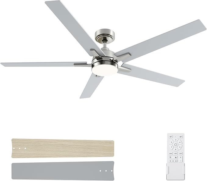 60 Inch Brushed Nickel Ceiling Fans with Lights and Remote, Reversible, 3CCT, Dimmable, Noiseless, Large Ceiling Fan for Bedroom, Living Room and Patio, Indoor/Outdoor Use