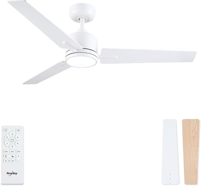 Newday 48 Inch Ceiling Fans with Lights Remote for Bedroom Living Room Kitchen Office, Indoor or Covered Outdoor, 3CCT Dimmable, 3 Blades, 6 Speed Reversible Quiet DC Motor, White/Wood Grain