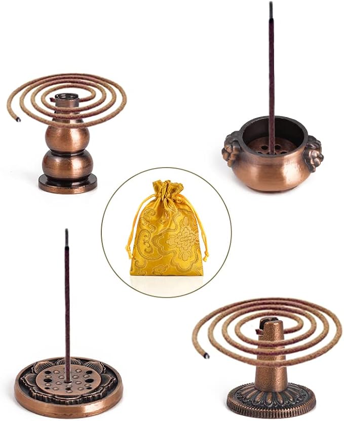 Sakura Flower Incense Holder, 5Pcs Red Bronze Incense Burner Holder with Silk Pouch, Bowl-Shape, Lotus Multi-Holes, Cone Shape and Gourd-Shape for Yoga Living Room Bedroom Home Fragrance