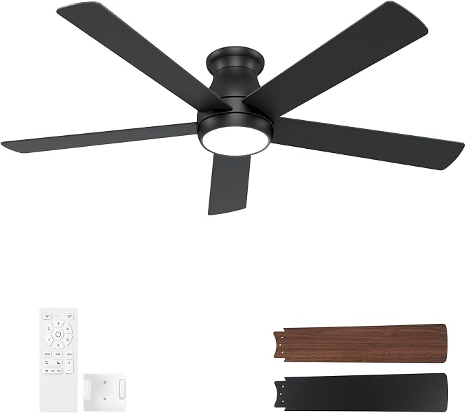 POCHFAN 60 Inch Black Ceiling Fans with Lights and Remote, LED Low Profile Flush Mount Ceiling Fan for Bedroom, Living Room, Quiet DC Motor, Dimmable 6 Speeds