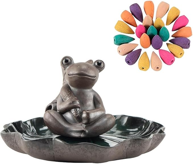 Leheybia 1 Pcs Cute Frog Ceramic Incense Holder Backflow Incense Burner Incense Burner Holder with 20 Backflow Incense Cones (Father Frog)