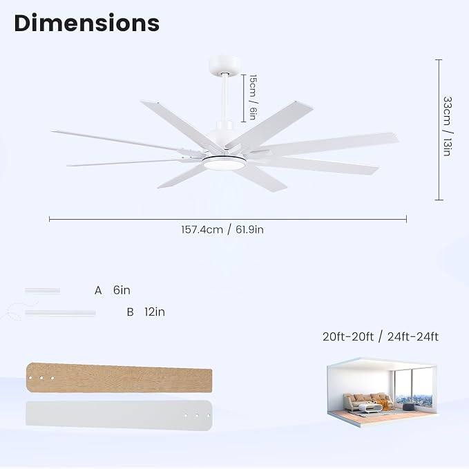 Newday 62 Inch White Ceiling Fan with Light and Remote, 8-Blade 8500 CFM High Airflow DC Motor, 3 CCT Dimmable LED, Reversible White/Oak Blades, 3 Downrods (6"/12") for High Ceiling Living Room Patio