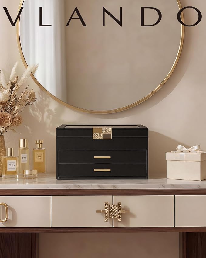 VLANDO Jewelry Box Organizer for Women, 3-Layer Jewelry Storage Case with Glass Lid, Gold Handle, 2 Drawers for Rings, Earrings, Necklaces and Bracelets - Black