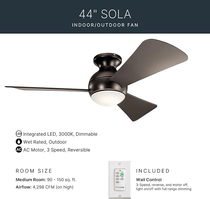 Kichler Sola LED 44" 3 Blade Fan with Etched Cased Opal Glass in Olde Bronze finish and Brown Blades