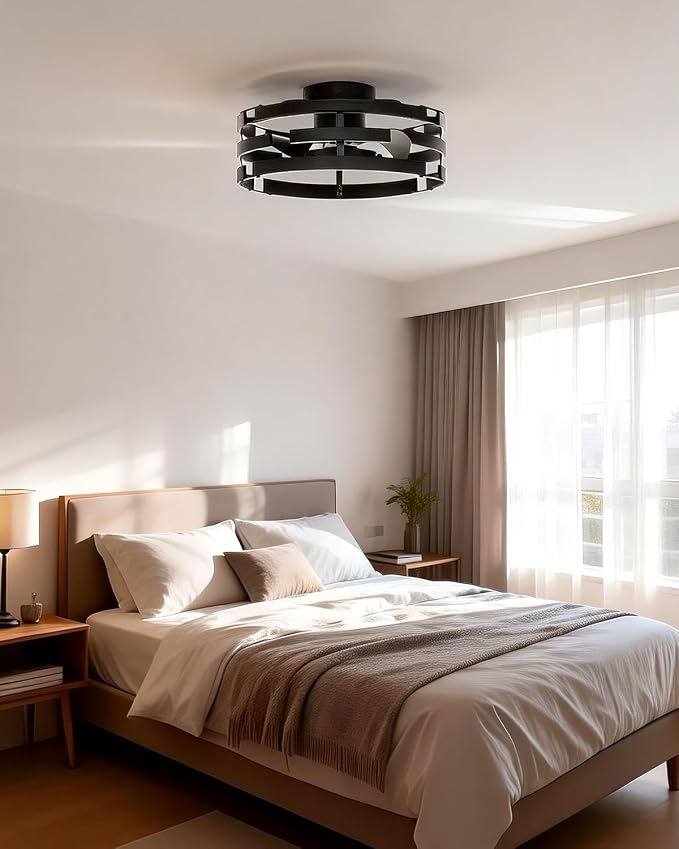 Roomratv Black Fandelier Flush Mount Ceiling Fan with Lights, 20" Low Profile Caged Ceiling Fan with Remote, Modern Enclosed Bladeless Fan Light Fixtures for Bedroom Living Room