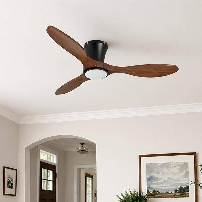 Skylike 42" Flush Mount Wood Ceiling Fan with Lights, 3 Blade Low Profile Farmhouse Ceiling Fan with Remote Control,Quiet Indoor/Outdoor Dark Walnut Ceiling Fan for Patio,Gazebo, Balcony, Living Room