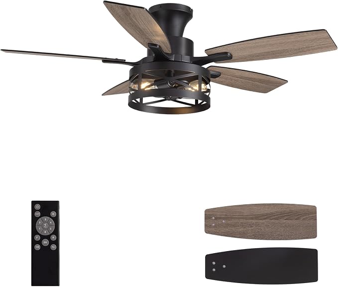 42 Inch Flush Mount Ceiling Fans with Lights and Remote, Farmhouse Low Profile Ceiling Fan with LED Lighting for Bedroom Living Room and Patio, Black Caged Ceiling Fan for Indoor and Outdoor(NO Bulbs)