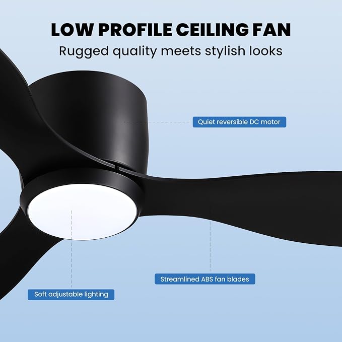 LUDOMIDE Ceiling Fans with Lights,52 Inch Low Profile Ceiling Fan with Wall Control and Remote Control,Dimmable,Flush Mount Ceiling Fan with Noiseless DC Reversible Motor for Bedroom Indoor Use