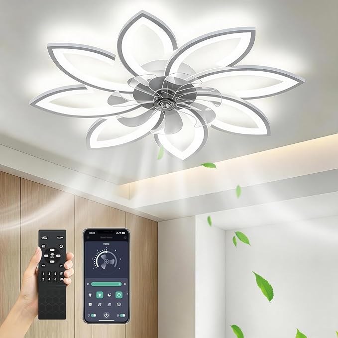 35" Ceiling Fans With Lights and Remote, Low Profile Flush Mount | Ceiling Fan With Light Modern Dimmable 3 colors 6 Speed Quiet Reversible Motor, Timing for Bedroom Living Room Kitchen White