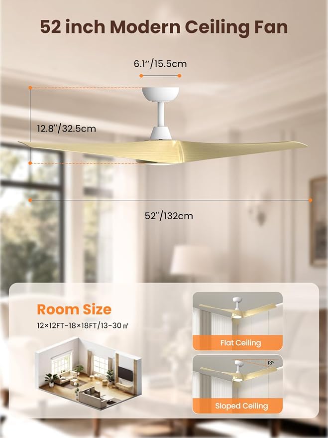 TALOYA 52 inch Modern Ceiling fan with Light, 3 Blades Ceiling Fans with Lights and remote, 3000K-6500K, Dimmable, Quiet, Outdoor Ceiling fan For Living Room, Bedroom, Patio, Farmhouse, Natural Oak