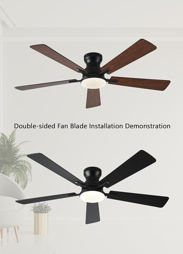 JSAITEE Ceiling Fans with Lights, 52Inch Low Profile Ceiling Fan with Light and Remote/App Control, Modern Flush Mount Brown Ceiling Fan, 3CCT Dimmable, Reversible DC Motor, for Living Room,Bedroom